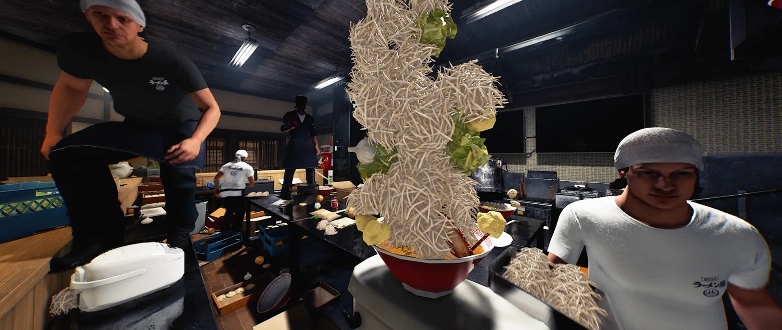Six players working together in a ramen shop